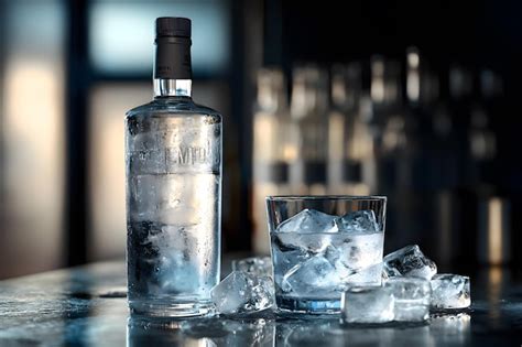 Botella de vodka y vaso con hielo